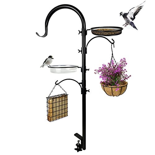 CQAIRIOU Upgraded Bird Feeding Station Kit,Deck Railing Bird Feeder Pole with 3 Hooks,Bird Bath,Mesh Tray and Suet Cage,Multi-Design Style,Used for Balcony Bird Feeder&Plant Hanger