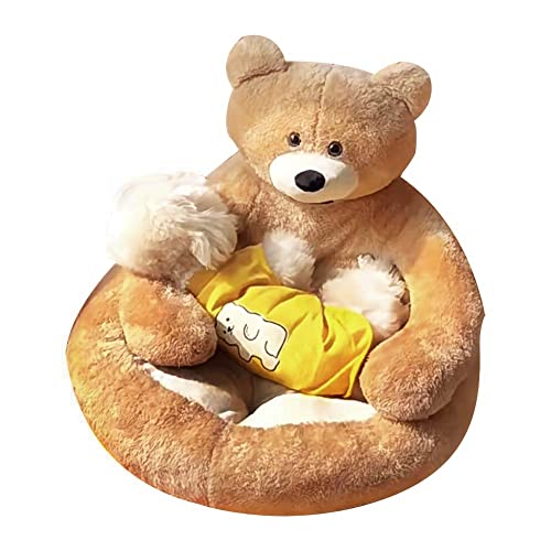 Cute Bear Hug Design Dog Cat Beds Plush Pet Beds Cuddler, Warm Soft Calming Dog Beds with Removable Washable Cover Non-Slip Bottom (Diameter 22 in, Khaki)