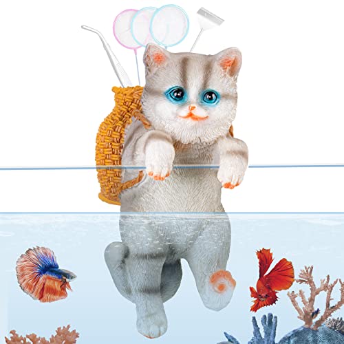 Cute Cat Figurines Aquarium Ornament, 6.8'' Large Fish Tank Decorations with Storage Basket, Resinous Aquarium Tank Pendant, Fish tank Accessories, Ideal Gift for Aquarium Lovers (Basket Cat)