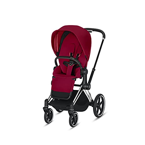 Cybex e-Priam Complete Stroller, Smart Assist Technology, Rocking Mode, One-Hand Compact Fold, Reversible Seat, Smooth Ride All-Wheel Suspension, True Red Seat with Chrome/Black Frame