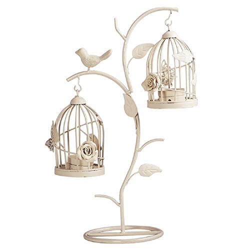 Decorative Birdcage Candle Holder, Retro Creative Iron Candlestick Holder, Wedding Candle Holder Base Lantern Stand, Home Decoration Table Core Mantel (Distressed Ivory 04, L)