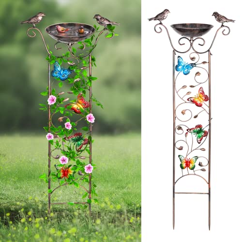 DesGully Bird Bath with Trellis for Climbing Plants Outdoor, Free Standing Detachable Garden Bird Feeder Bowl Bird Baths for Outdoors Antique Iron (Butterfly)