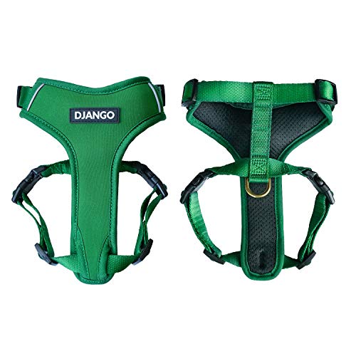 DJANGO Adventure Dog Harness – Comfortable, Durable, and Reflective Neoprene Dog Harness for Outdoor Adventures and Everyday Wear – Adjustable Design with Solid Brass Hardware (Medium, Forest Green)