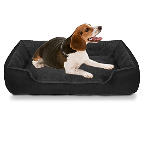 Dog Beds for Medium Dogs Machine Washable Black Dog Bed Black Large Dog Bed with Blanket Attached,Comfortable Pet Dog Bed Sofa with Waterproof and Non-Skid Bottom for Medium Puppy Dogs Clearance