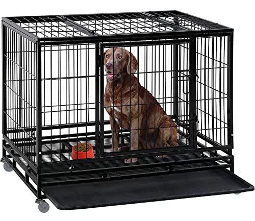 Dog Crate Cage for Large Dogs Heavy Duty 48 Inches Dog Kennel Pet Playpen for Training Indoor Outdoor with Plastic Tray Double Doors & Locks Design