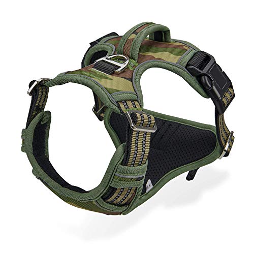 Dog Harness for Large Dogs No Pull with Handle 2 Metal Leash Clips, Adjustable Reflective Puppy Harness, Breathable Camo Oxford Padded Vest Easy Control Front Clip for Medium Large Dogs