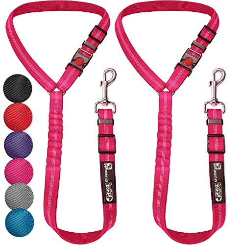 Dog Seat Belt Harness for Car - 2-in-1 Leash and Restraint Secures to Headrest. Adjustable Bungee, Strong, Durable, 360 Degree Swivel Attach Won't Twist, Reflective, Easy to Use (Pink, 2PACK)