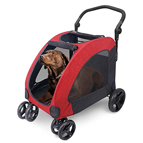 Dog Stroller for Medium Large Dog - 4 Wheels Foldable Pet Travel Stroller Jogger with Adjustable Handle Load Capacity 133 lb (Red)