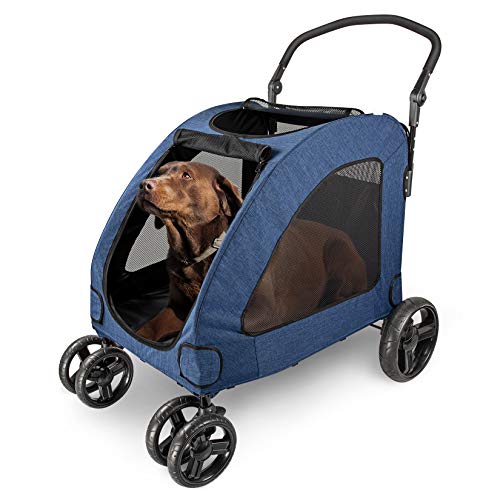 Dog Stroller for Medium Large Dog - 4 Wheels Foldable Pet Travel Stroller Jogger with Adjustable Handle Load Capacity 133 lb (Blue)