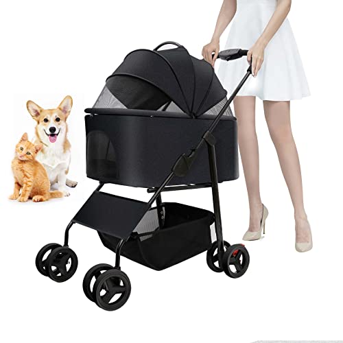 Dog Stroller for Small Medium Dogs with Detachable Bassinet for Pets, Cat Stroller for 1 Cat, Foldable 3 in 1 Multifunction Pet Stroller for Small Medium Dogs & Cats with 3-Mesh-Window, Storage Basket