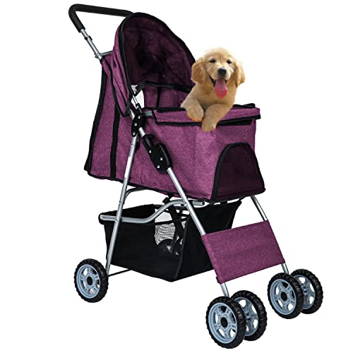 Dog Stroller, pet Stroller 4 Wheels Carrier Strolling Cart Waterproof Travel Folding Cart for Puppy Small-Medium Dog, Cat with Cup Holder, Locking Wheel