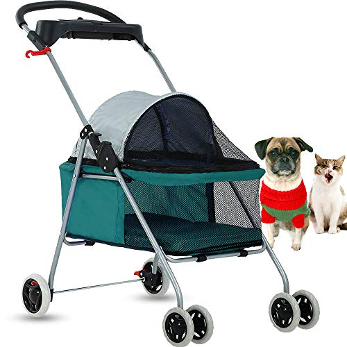 Dog Stroller Pet Stroller Cat Strollers Jogger Folding Travel Carrier Durable 4 Wheels Doggie Cage with Cup Holders 35Lbs Capacity Waterproof Puppy Strolling Cart for Small-Medium Dogs, Cats - Teal