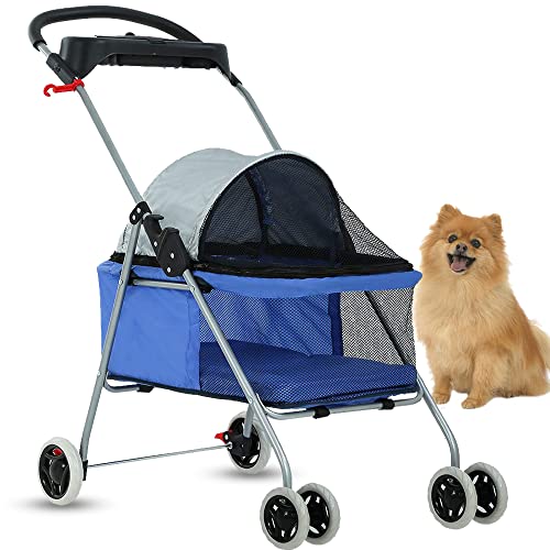 Dog Stroller Pet Stroller Cat Strollers Jogger Folding Travel Carrier Durable 4 Wheels Doggie Cage with Cup Holders 35Lbs Capacity Waterproof Puppy Strolling Cart for Small-Medium Dogs, Cats - Blue