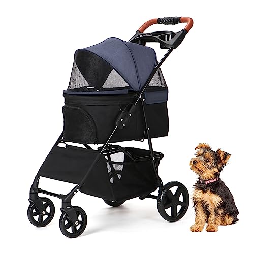 Dog Strollers for Small Dogs Cats, One-Hand Folding Cat Dog Stroller with Cup Holder/Storage Basket, Portable Pet Strollers for Pet Travel (Blue)