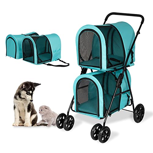 Double Layer Dog Pram Stroller Foldable 3 in 1 Pet Stroller for Dogs Cats (Pet Travel Carrier Bag or Pet Car Seat Carrier or Pet Stroller) Turquoise