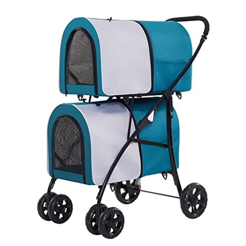 Double Pet Dog Pram Stroller, Pet Gear 4 Wheel Pet Stroller Pushchair Lightweight Pet Strollers for Dogs and Cats, Great for Twin or Multiple, Breathable Travel Carrier