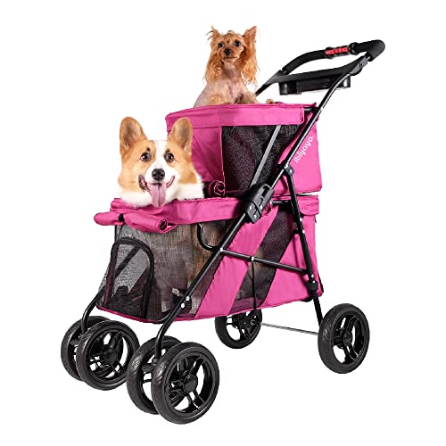 Double Pet Strollers for Dogs and Cats, 4 Wheel - Red Velvet - Premium Dog Stroller for Twin or Multiple Small and Medium Pets - Puppy Stroller with Mesh Windows, Lightweight, Sturdy, Foldable