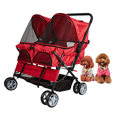 Dporticus Double Pet Stroller Foldable Doggy Stroller Two-Seater Carrier Strolling Cart for Dog Cat and More Multiple Colors