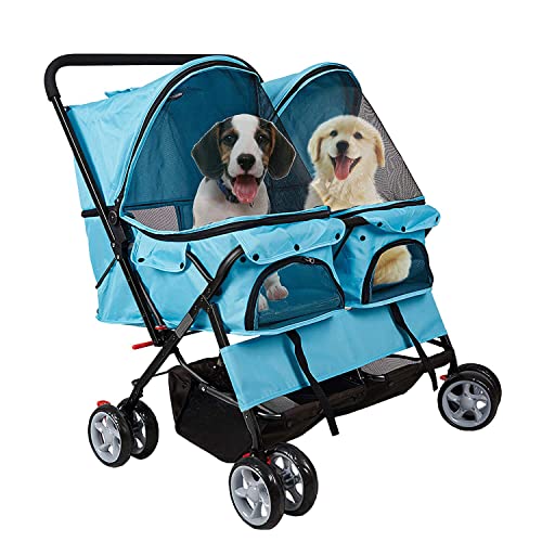 Dporticus Double Pet Stroller Foldable Doggy Stroller Two-Seater Carrier Strolling Cart for Dog Cat and More Multiple Colors Blue