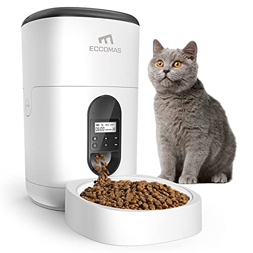 eccomas Automatic Feeder for Cats, 4L Dog Dry Food Dispenser with Locking Lid, Desiccant Bag, Memory Function, Clog-Free Design & Voice Recorder, Portion Control 4 Meals Daily for Cats & Small Dogs