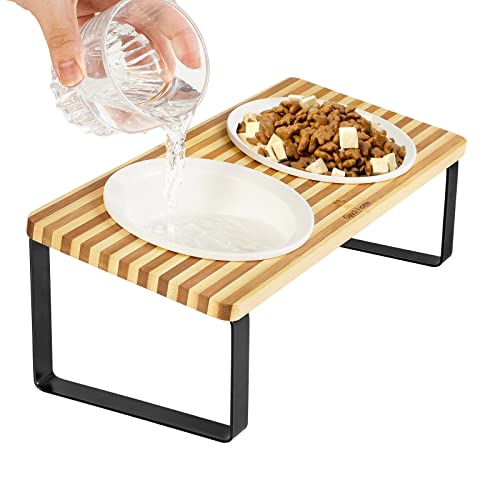 Elevated Cat Bowls Raised Tilted Cat Dishes Ceramic Kitty Food and Water Bowl Set with Bamboo Feeding Stand Orthopedic Puppy Feeder Station for Indoor Cats Anti Vomiting Whisker Friendly