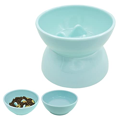 Elevated Cat Bowls Tilted Design, Raised Slow Feeder Cat Bowls for Food and Water, Detachable Anti Vomiting Cat Dish, Lifted Cat Food Bowls for Small Pet Dog, Light Blue