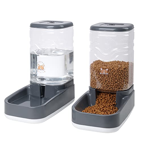 ELEVON Automatic Dog Cat Gravity Food and Water Dispenser Set with Pet Food Bowl for Small Large Pets Puppy Kitten Rabbit Large Capacity(Gray)