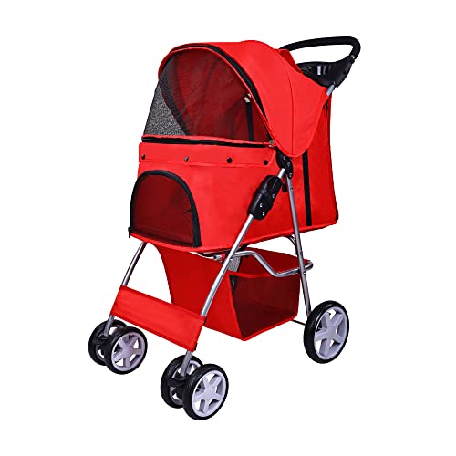 Elevon Pet Stroller, 4 Wheels Multifunction Dog Cat Stroller, Folding Portable Travel Stroller with Detachable Carrier, Suitable for Medium Small Dogs Cats, Red