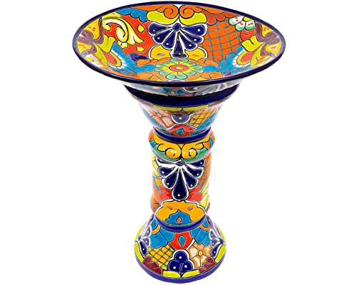 ENCHANTED TALAVERA Bird Bath Colorful Ceramic Hand Painted Mexican Garden Decor Bird Feeder Outdoor Pottery (Large (28" Height), Cobalt)