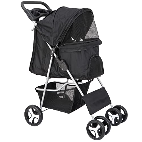 Epetlover Pet Stroller for Dogs, Black 4 Wheels Cat Strolling Cart Foldable Travel Carrier, Waterproof Puppy Jogger Stroller with Storage Basket & Cup Holder