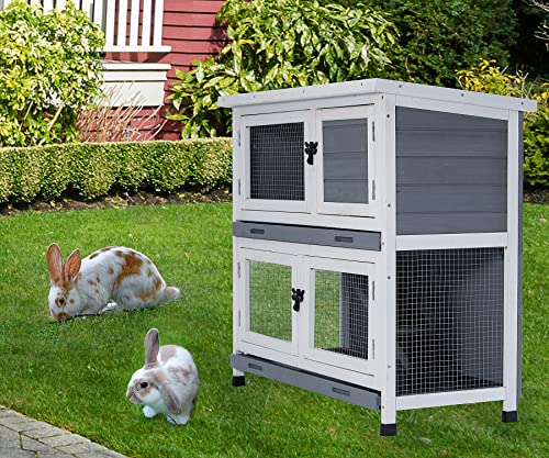 Evedy Wooden 2-Layer Rabbit Hutches Pet House Rabbit Bunny Hutch Chicken Coops Cages with No Leak Tray Lockable Door Openable Top for Indoor Outdoor,Grey, 36''L X 17.7''D X 33.5''H