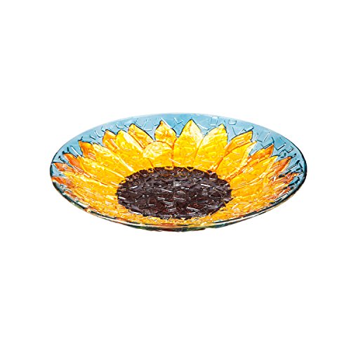 Evergreen Garden 18" Glass Bird Bath Bowl for Otdoors | Hand Painted Glass| Embossed Shape | Bowl Only - no Stand Included | Summer Sunfloweres Fade and Weather Resistant Outdoor Decoration