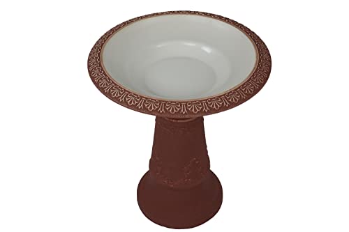 Exaco FM-220 Indoor Outdoor Garden Fiber Clay Scroll Vine Bird Bath with White Bowl and Rose Trim, White & Rose