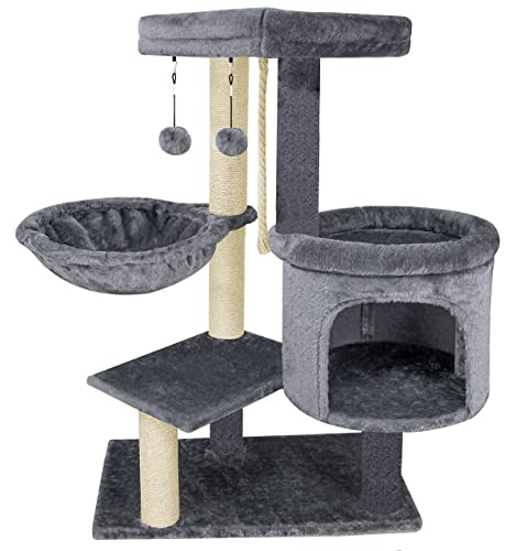 Fashion Design Cat Tree with Cat Condo Hammock and Two Replacement Hanging Balls,Grey