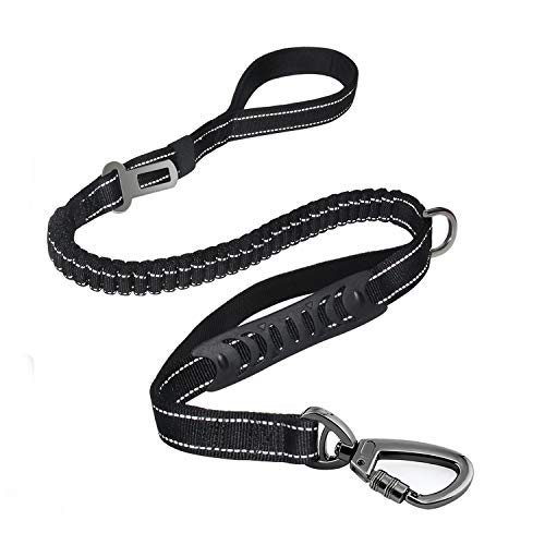 Fashion&cool Heavy Duty Dog Leash Especially Large Dogs Up to 150lbs, 4-6 Ft Reflective Dog Walking Training Shock Absorbing Bungee Leash Car Seat Belt Buckle, 2 Padded Traffic Handle Extra Control