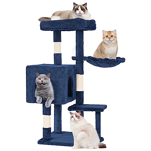 FDW 37.8 inch Cat Tree Cat Tower for Indoor Cats with Scratching Posts,Multi-Level Cat Furniture Activity Center Stand House Cat Condo Modern Cat Tower with Hanging Cradle & Funny Toy,Navy Blue