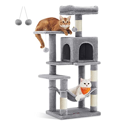 Feandrea Cat Tree, 44.1-Inch Cat Tower for Indoor Cats, Multi-Level Cat Condo with 4 Scratching Posts, 2 Perches, Hammock, Cave, Light Gray UPCT261W01