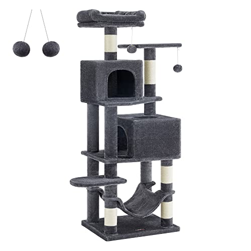 Feandrea Cat Tree, 61-Inch Cat Tower for Indoor Cats, Plush Multi-Level Cat Condo with 5 Scratching Posts, 2 Perches, 2 Caves, Hammock, 2 Pompoms, Smoky Gray UPCT192G01