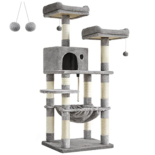 FEANDREA Cat Tree, Cat Tower for Indoor Cats, 56.3-Inch Cat Condo with Scratching Posts, Hammock, Plush Perch, Light Gray UPCT15W