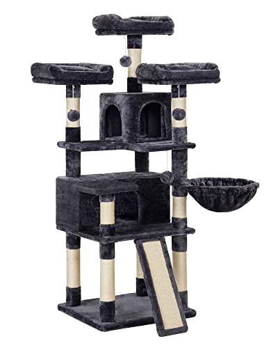 FEANDREA Cat Tree, Large Cat Tower, Cat Condo with Scratching Posts, Board, 2 Caves, 3 Plush Perches, Activity Center, 66.5 Inches, Smoky Gray UPCT019G01