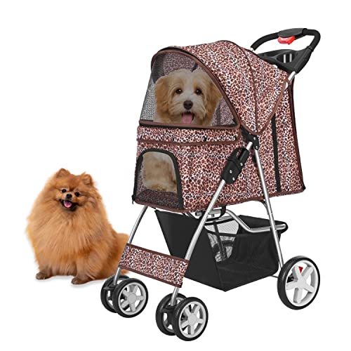 Flexzion Pet Stroller (Leopard) Dog Cat Small Animals Carrier Cage 4 Wheels Folding Flexible Easy to Carry for Jogger Jogging Walking Travel Up to 30 Pounds with Sun Shade Cup Holder Mesh Window