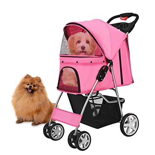 Flexzion Pet Stroller (Pink) Dog Cat Small Animals Carrier Cage 4 Wheels Folding Flexible Easy to Carry for Jogger Jogging Walking Travel Up to 30 Pounds with Sun Shade Cup Holder Mesh Window