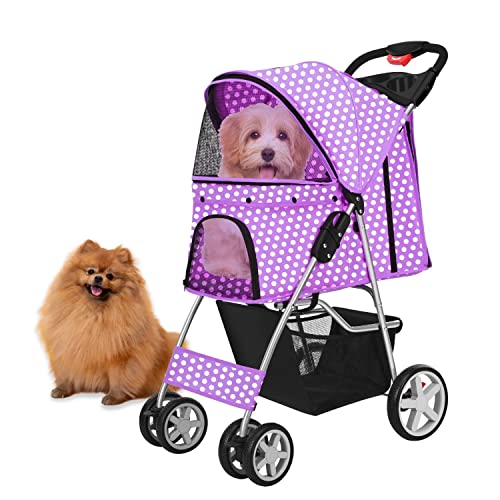 Flexzion Pet Stroller (Polka Dot Purple) Dog Cat Small Animals Carrier Cage 4 Wheels Folding Flexible Easy to Carry for Jogger Jogging Travel Up to 30 Pounds with Sun Shade Cup Holder and Mesh Window