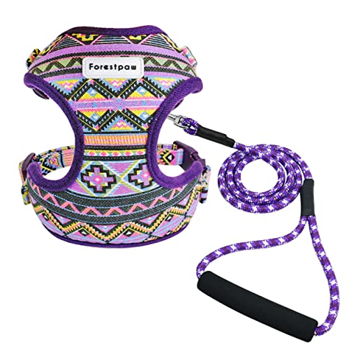 Forestpaw Multi-Colored Stylish Dog Walking Vest Harness and Leash Set- Soft Mesh Padded Vintage Tribal Pattern No Pull Dog Harness for Walking Small Dogs,Purple,fits Chest:13-16"