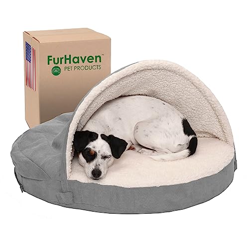 Furhaven 26" Round Orthopedic Dog Bed for Medium/Small Dogs w/ Removable Washable Cover, For Dogs Up to 30 lbs - Sherpa & Suede Snuggery - Gray, 26-inch