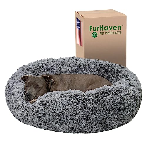 Furhaven 36" Round Calming Donut Dog Bed for Large/Medium Dogs, Refillable w/ Removable Washable Cover, For Dogs Up to 75 lbs - Shaggy Plush Long Faux Fur Donut Bed - Gray, Large