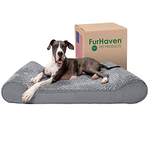 Furhaven Orthopedic Dog Bed for Extra Large Dogs w/ Removable Washable Cover, For Dogs Up to 180 lbs - Ultra Plush Faux Fur & Suede Luxe Lounger Contour Mattress - Gray, Giant/XXXL