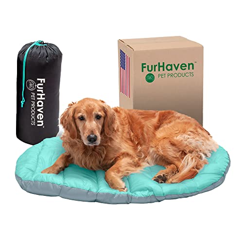 Furhaven Outdoor Travel Dog Bed for Large/Medium Dogs w/ Carry Bag, Washable & Foldable, Great for Crates & Kennels - Trail Pup Travel Pillow Mat w/ Stuff Sack Bag - Aqua/Granite Gray, Large