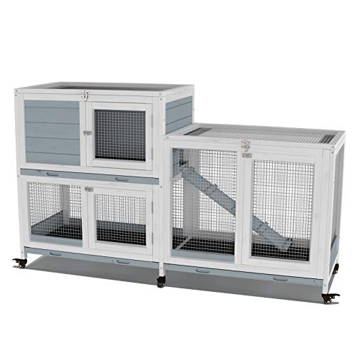 GDLF Two Floors 58" Wooden Indoor Bunny Hutch Rabbit Cage on Wheels Guinea Pig PET House for Small to Medium Animals Waterproof No Leak Tray