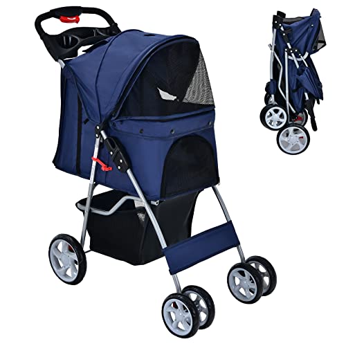 Giantex Folding Dog Stroller, Pet Stroller for Small Medium Dogs Cats Puppy, 4 Lockable Wheels Cat Stroller Travel Carrier Strolling Cart with Safety Belt, Removable Liner and Storage Basket (Navy)